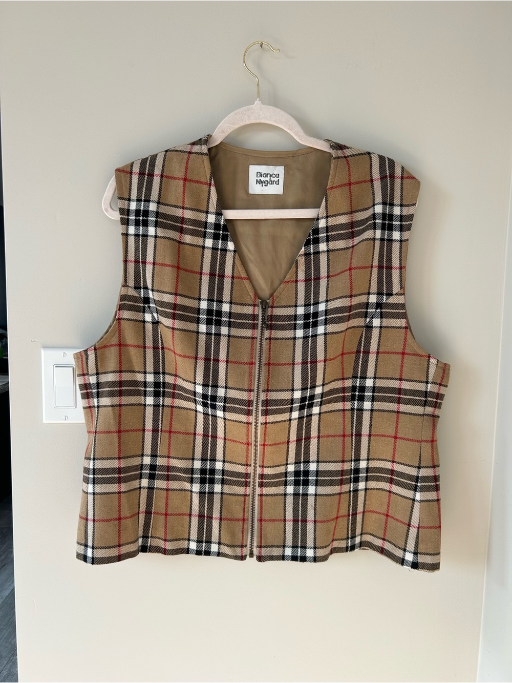 Vintage Bianca Nygard Tan Plaid Zip-Front Vest